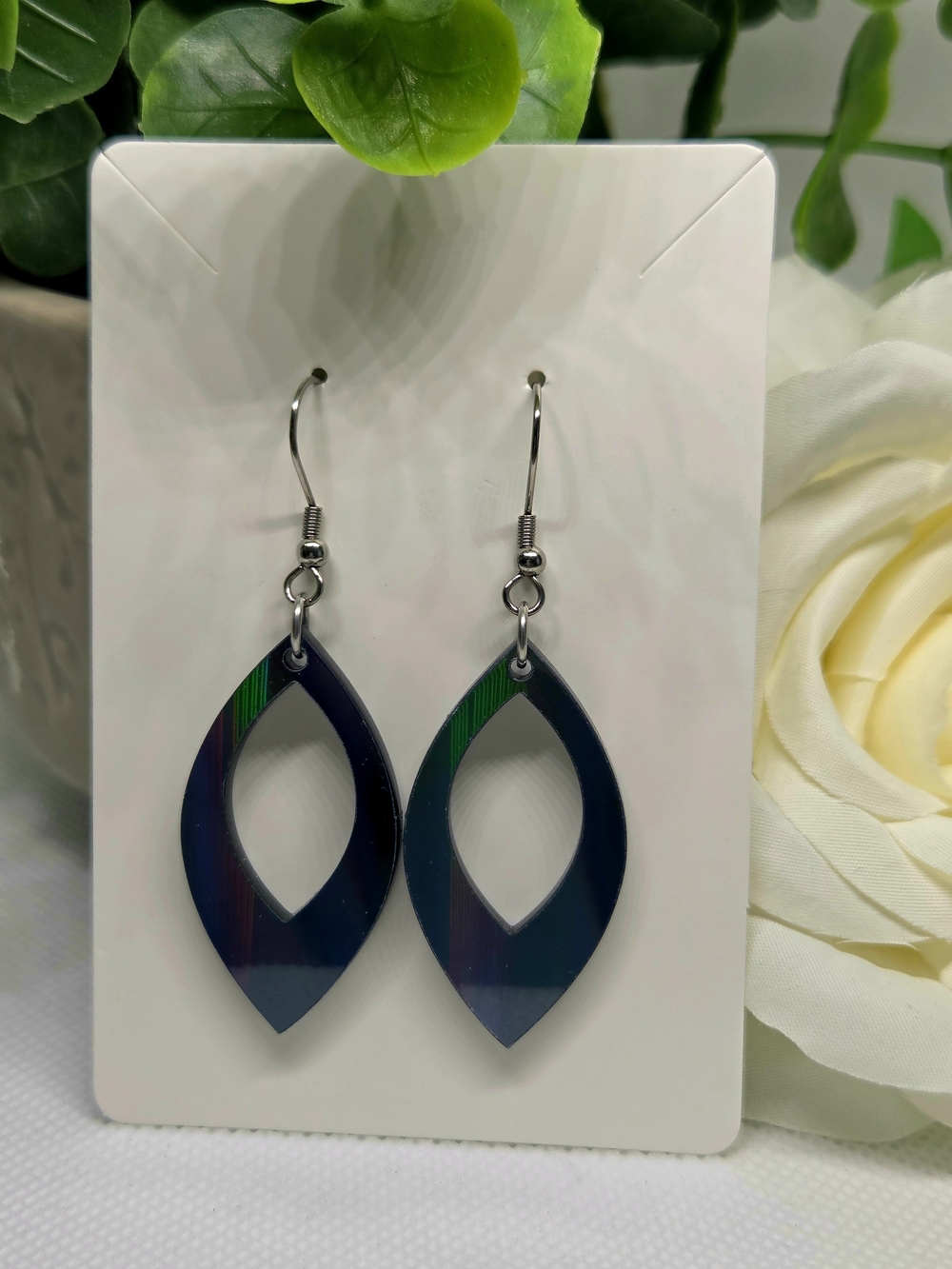 Stylish Navy Blue Shimmer Teardrop Dangle Earrings